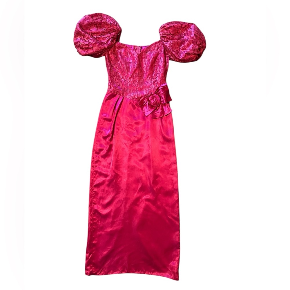 Vintage 80s Pink Satin Lace Puff Sleeve Prom Dress Hip Bow Womens Size 6